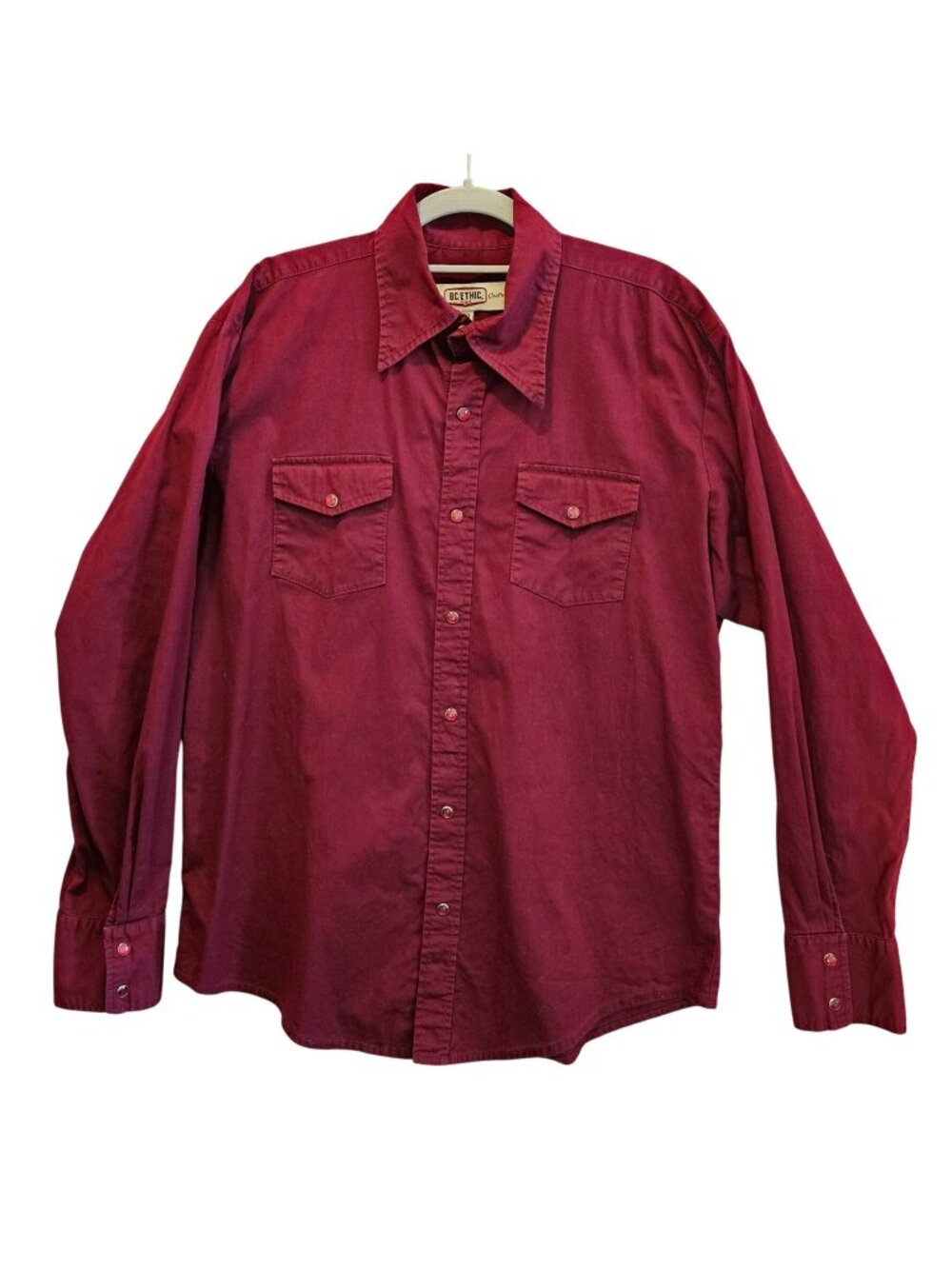 BC Ethic pearl snap shirt Mens XXL Maroon pocket flaps cowboy rodeo Office Dad